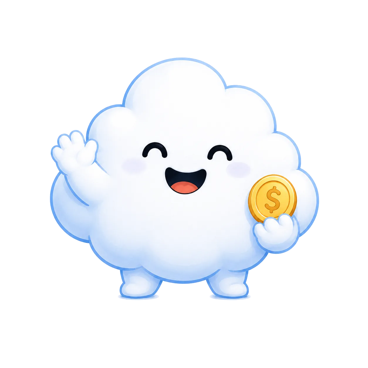 Teńly cloud mascot welcoming the user with a coin